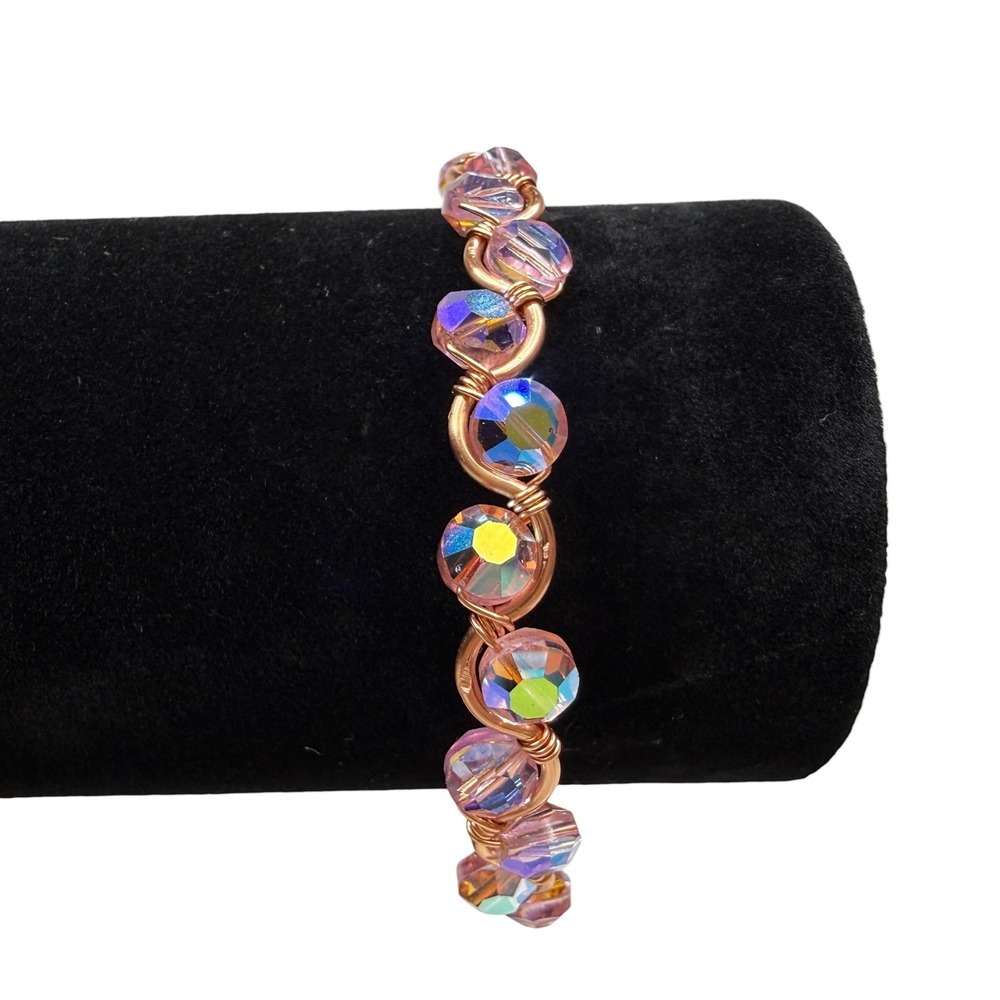 Handcrafted Copper Wire Wrapped Bracelet Iridescent AB Crystal Glass Beads Pink